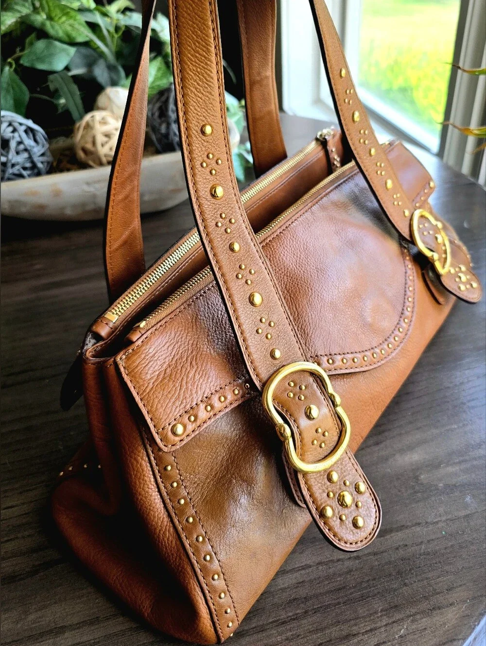 Michael Kors Y2K Vintage Tan Leather Studded Satchel Bag Rare